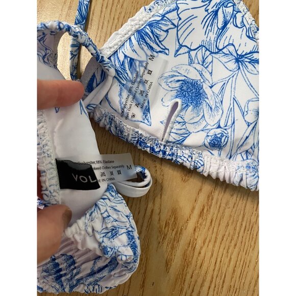 B22 New Womens 2Pc Bikini 👙 Swimsuit Tropical 🌴 Floral Print White Blue Medium - Picture 4 of 4